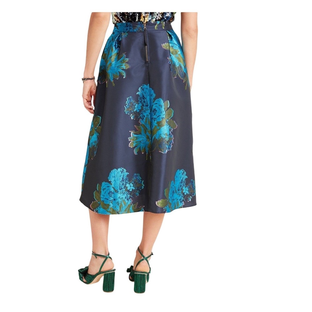 Anthropologie Floral Brocade Midi Skirt Womens Navy Blue Turquoise A-Line Party - Picture 3 of 16